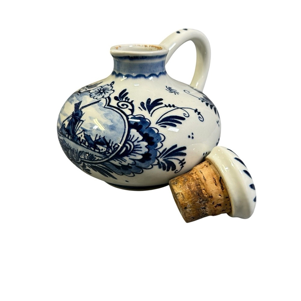 Vintage BOLS Delft Blue Decanter Jug with Stopper Hand Painted Holland Windmill